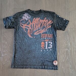 Affliction Dark Blue Tee with Red and White Graphics